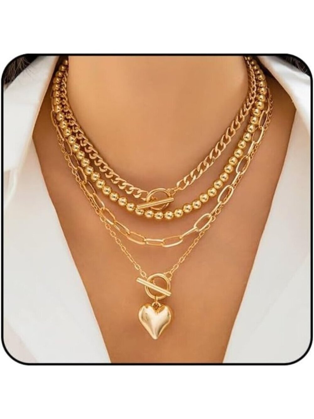 Layered Gold Necklace Set for Women Non Tarnish Chunky Paperclip Heart Pendant